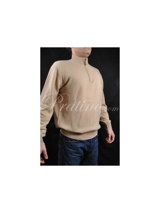 100% PURE CASHMERE PULLOVER WITH ZIP BEIGE 52 XL - Cashmere Sweaters and Pullovers