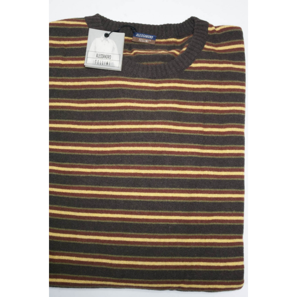 Men's Round Neck Sweater 56 3XL Brown Green Yellow Horizontal Stripes - Cashmere Blend