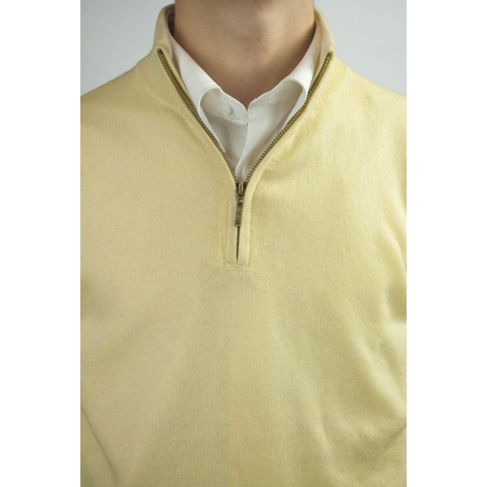 Men's Turtleneck Sweater Zip S 46 Light Yellow 100% Pure Cashmere 2 Yarns