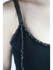 Vestido de las Mujeres Mini Vestido Elegante de color Negro M - Hileras de Perlas transparentes