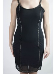 Vestido de las Mujeres Mini Vestido Elegante de color Negro M - Hileras de Perlas transparentes