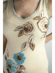 Damen kleid Etuikleid Elegant M Beige - Pailletten in Türkis und Blumen Stickerei