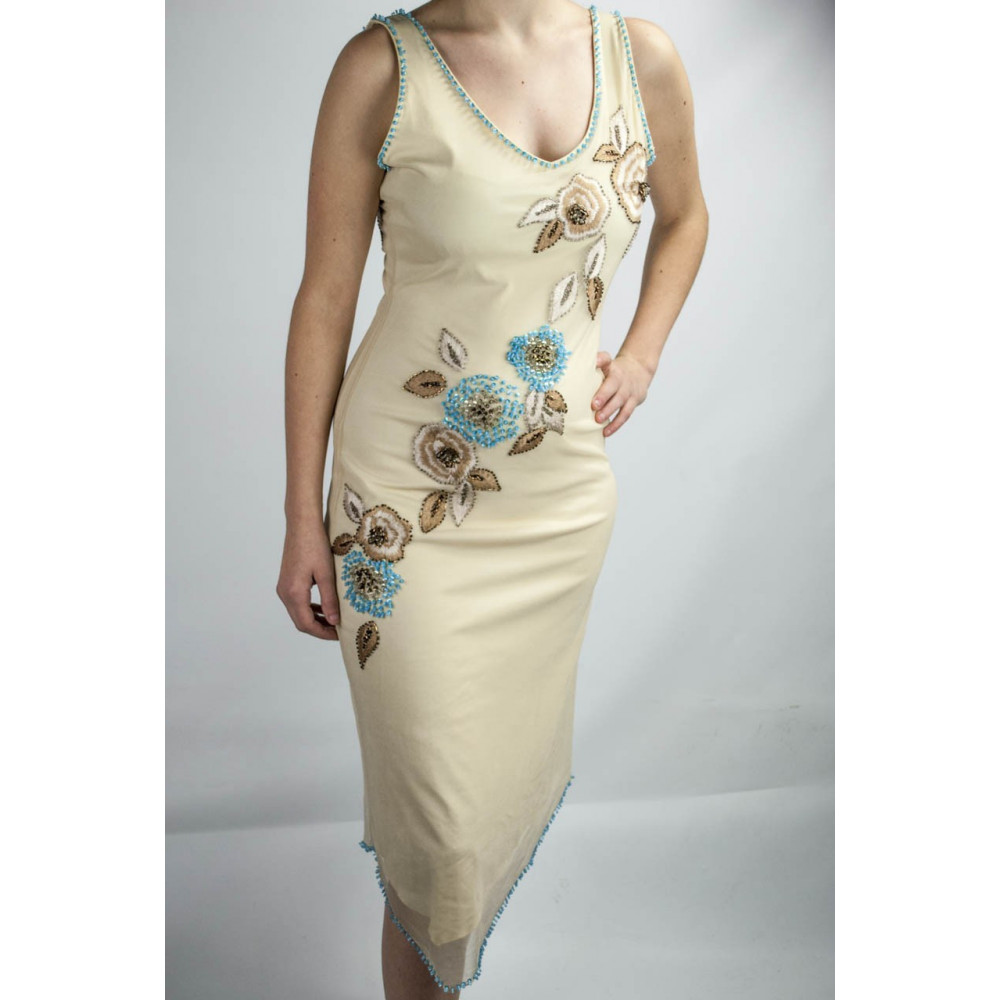 Gown Women's Elegant sheath Dress M Beige Sequins and Turquoise Floral Embroidery
