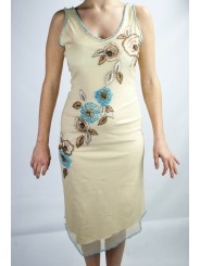 ガウンの女性の優雅なシースドレスベージュMスパンコーターコイズブルー花柄の刺繍