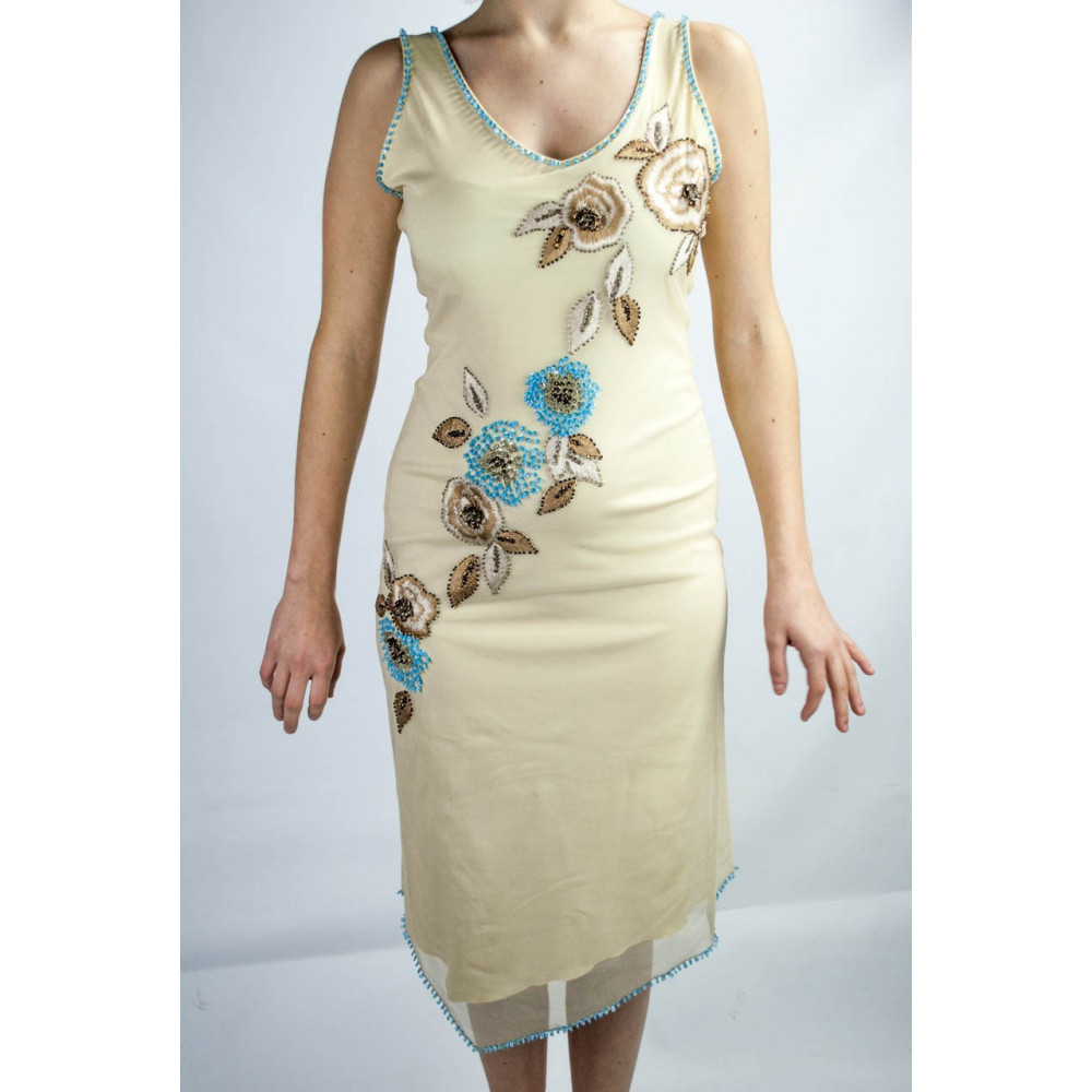 Vestido de las Mujeres Elegantes de la vaina Vestido de M Lentejuelas de color Beige y Turquesa con Bordados Florales