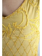 Damen kleid Etuikleid Elegante XL-Gelb-Gold - Perlen Rauten und Stickerei