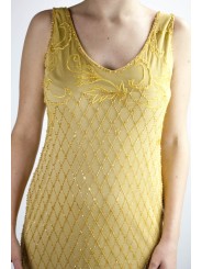 Vestido de las Mujeres Elegantes de la vaina Vestido-XL-Amarillo-Oro - Cuentas-de Diamante y Bordados