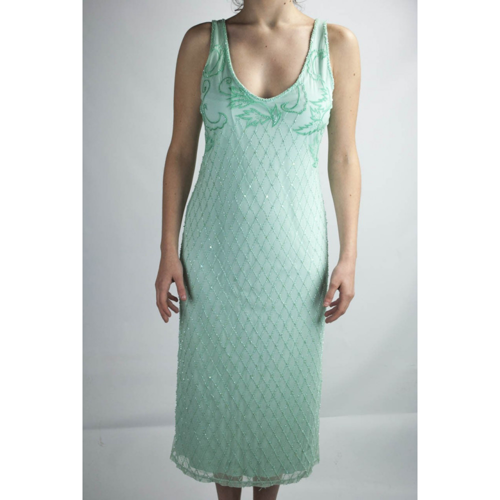 Damen kleid Etuikleid Elegant XL, Aquamarin - Perlen, Rauten und Stickerei