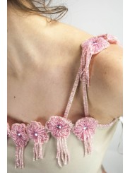Damen Kleid Etuikleid Elegant M Beige - Blumen-Perlen Rosa