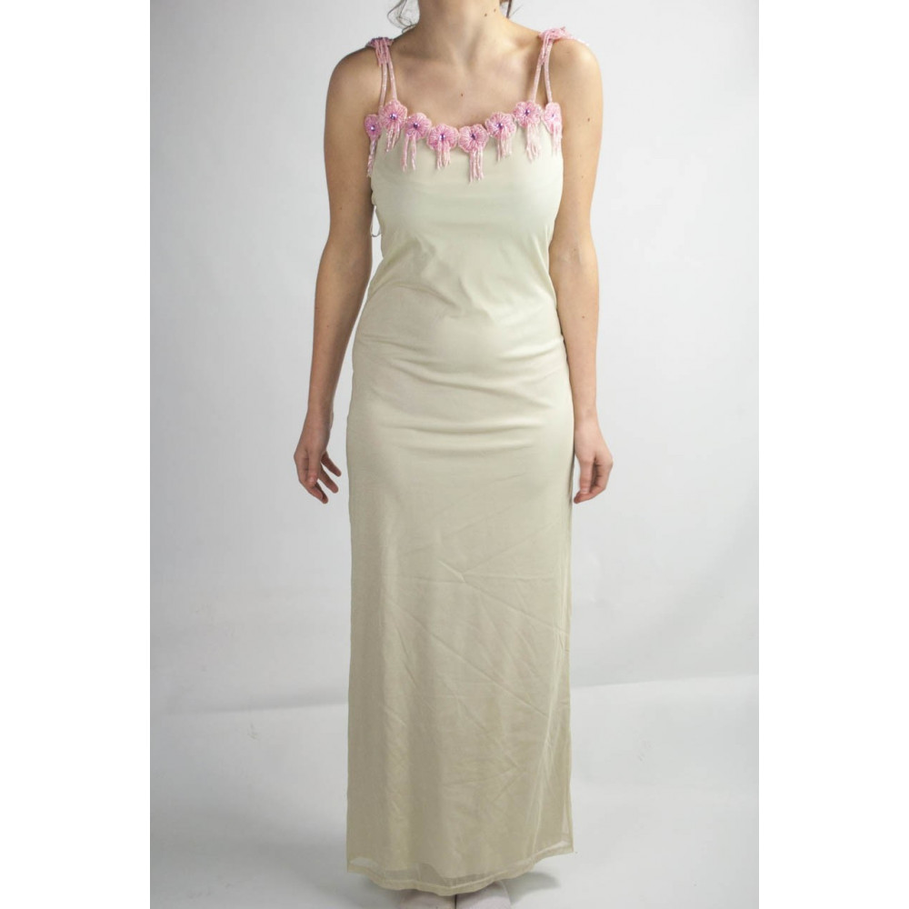 Damen Kleid Etuikleid Elegant M Beige - Blumen-Perlen Rosa