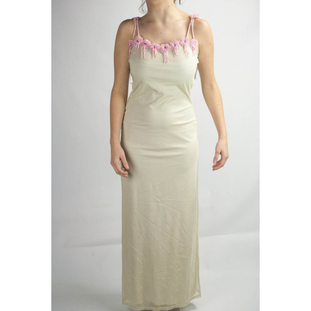 Gown Women's Elegant Sheath Dress M Beige Flowers Beads Pink