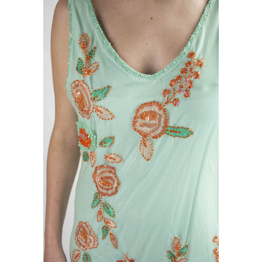 Damen kleid Etuikleid Elegante Aquamarin XXL - Pailletten in Orange und Blumen Stickerei