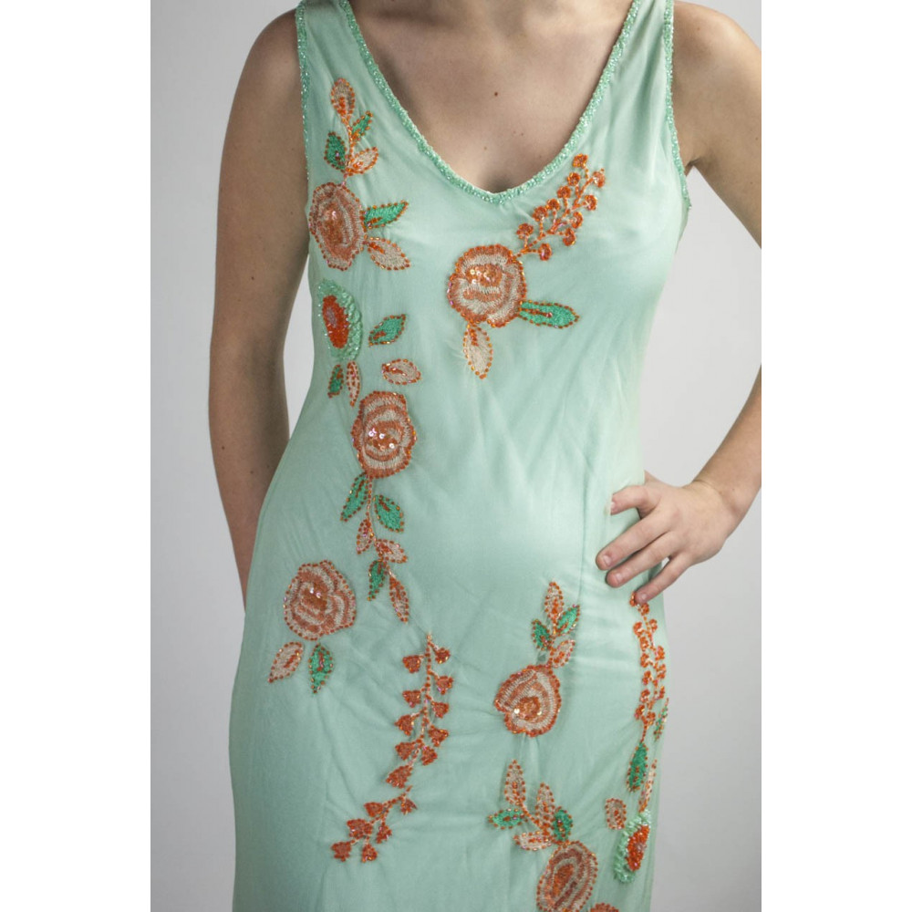 Gown Women's Elegant sheath Dress XXL Aquamarine - Sequined Orange and Floral Embroidery