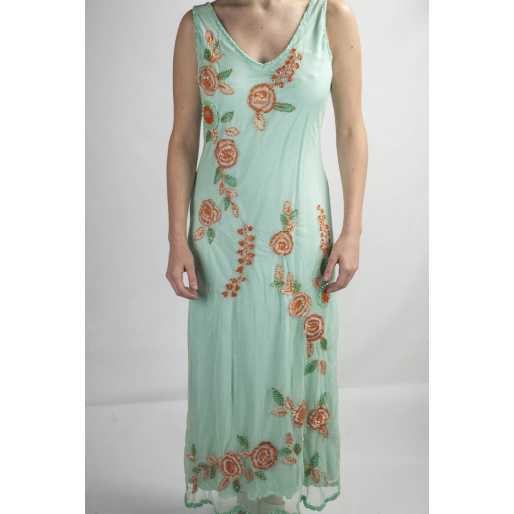 Vestido de las Mujeres Elegantes de la vaina Vestido XXL de color Aguamarina con Lentejuelas de color Naranja y Bordado Floral