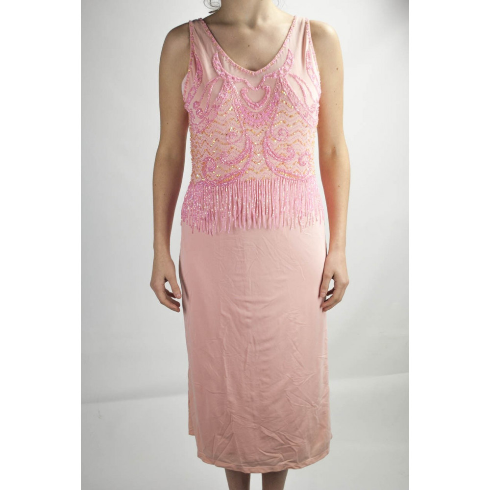 ガウンの女性の優雅なシースドレス-XL-ピンク-Bodiceは、ビーズRhinestonesチャールストン