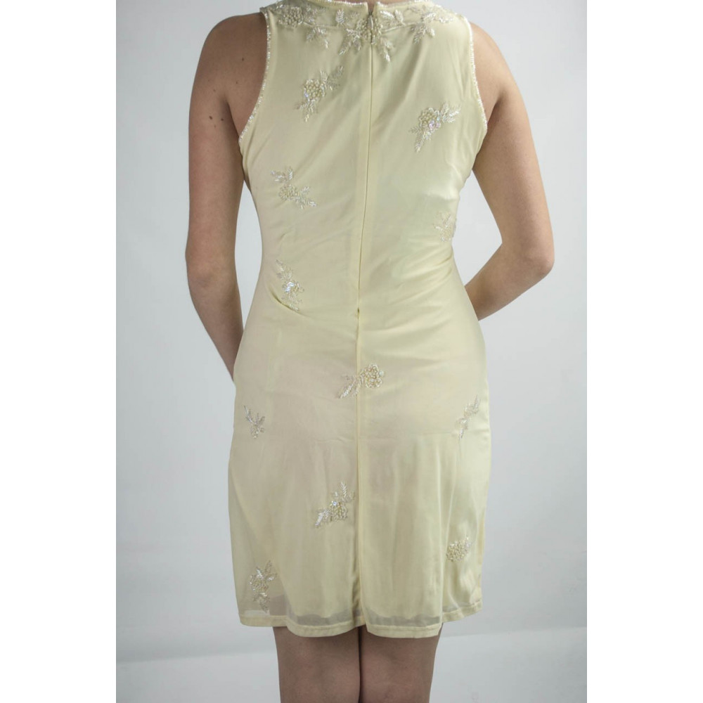 Damen kleid Mini Kleid Elegant M Elfenbein - Pailletten-und Perlenstickerei-motiv Blumen 
