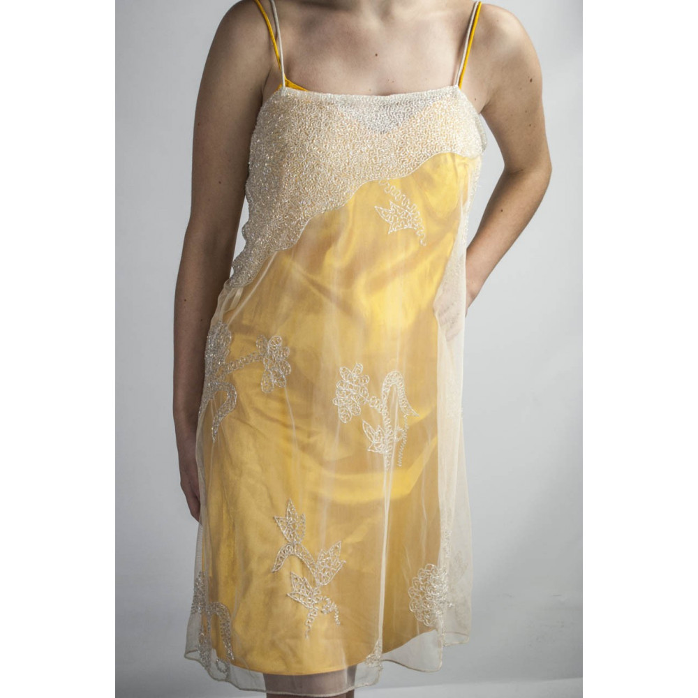 Vestido de las Mujeres Mini Vestido Elegante S Amarillo - Tul Blanco con Pedrería y Lentejuelas