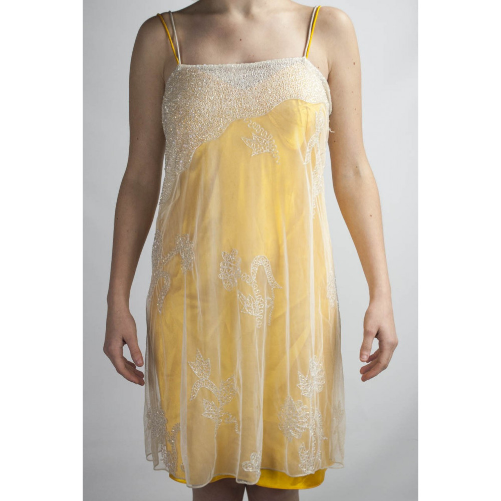 Vestido de las Mujeres Mini Vestido Elegante S Amarillo - Tul Blanco con Pedrería y Lentejuelas