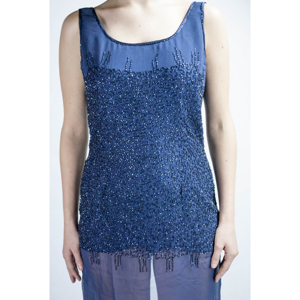 Elegant Woman Sheath Dress M Blue - parsemée de perles semi-transparentes