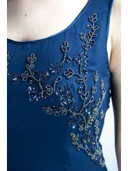 Elegante schede jurk vrouw M blauw - kralen bloemen op de halslijn