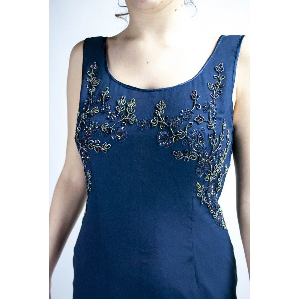 Elegantes Etuikleid Frau M Blau - Perlen Blumen am Ausschnitt