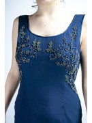 Elegant Sheath Woman Dress M Blue - Beaded Flowers on the neckline