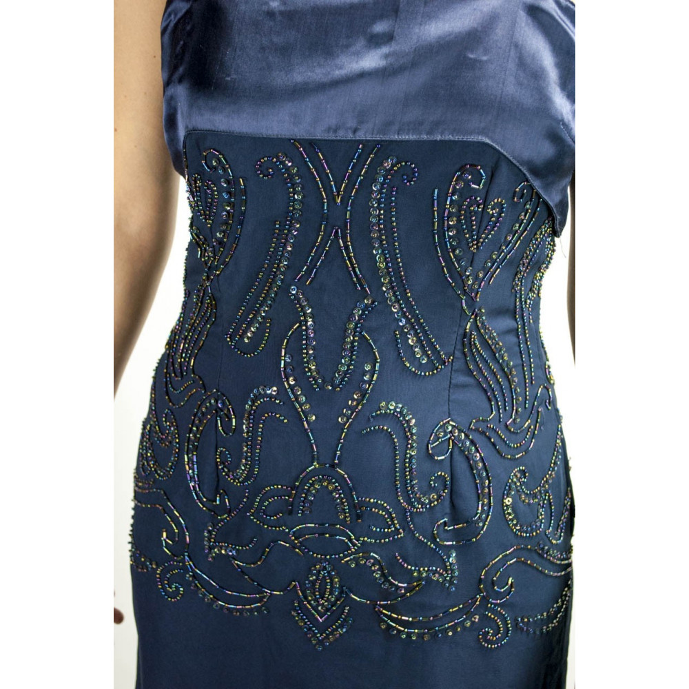 Elegante schede damesjurk M blauw - kralen satijnen band