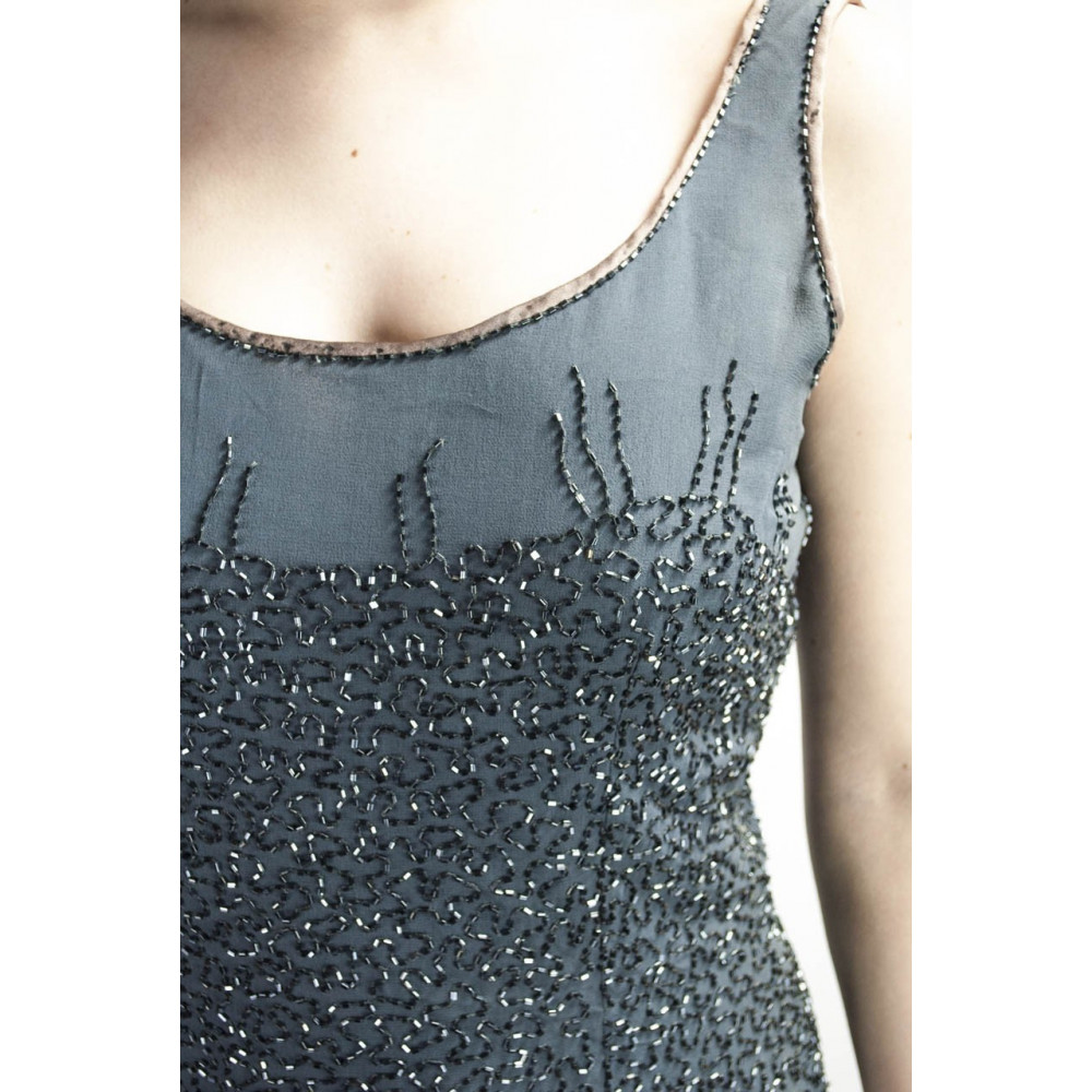 Elegante schede damesjurk M grijs - bezaaid met semi-transparante kralen