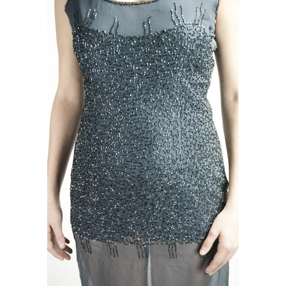 Elegant Woman Sheath Dress M Gray - studded with semi-transparent beads