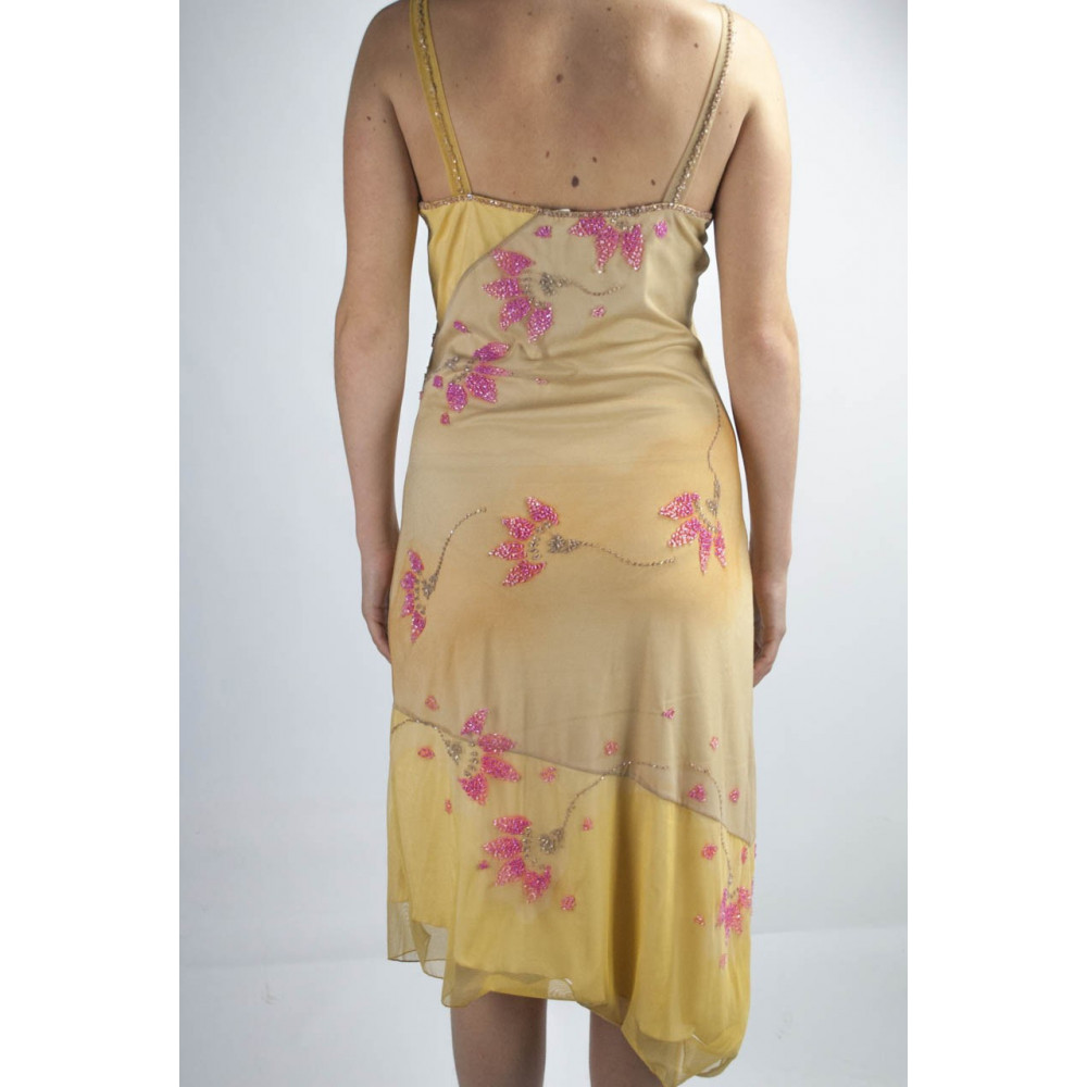 エレガントなシースドレスの女性L黄色のグラデーション-ピンクの花のビーズ
