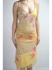 エレガントなシースドレスの女性L黄色のグラデーション-ピンクの花のビーズ