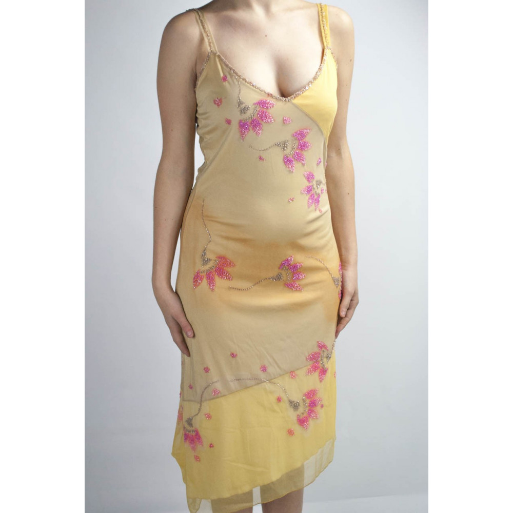 Elegant Sheath Dress Woman L Yellow Gradient - Pink Flowers Beads