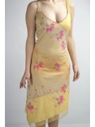 Elegant Sheath Dress Woman L Yellow Gradient - Pink Flowers Beads