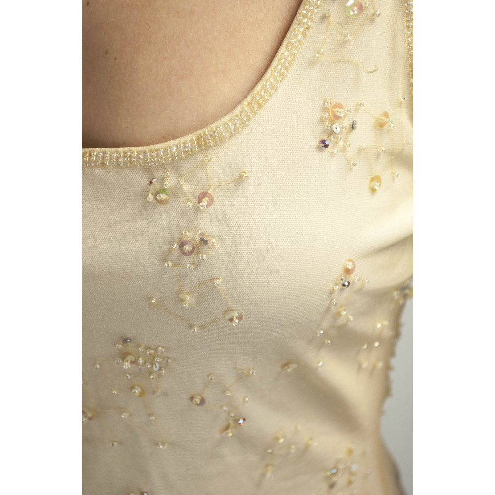 エレガントなミニシースドレス女性Mアイボリー-スパンコールの花とビーズ