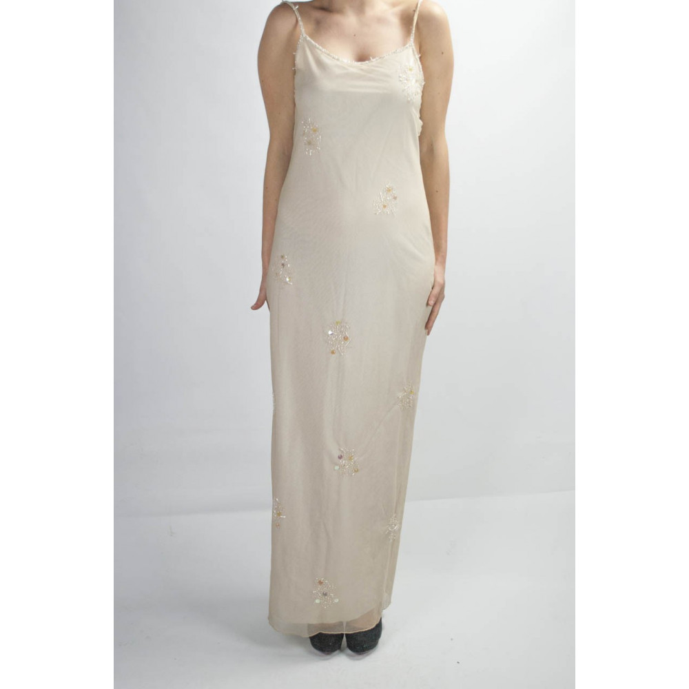 Vestido de tubo largo de mujer elegante M Marfil claro - Bordado de flores y abalorios