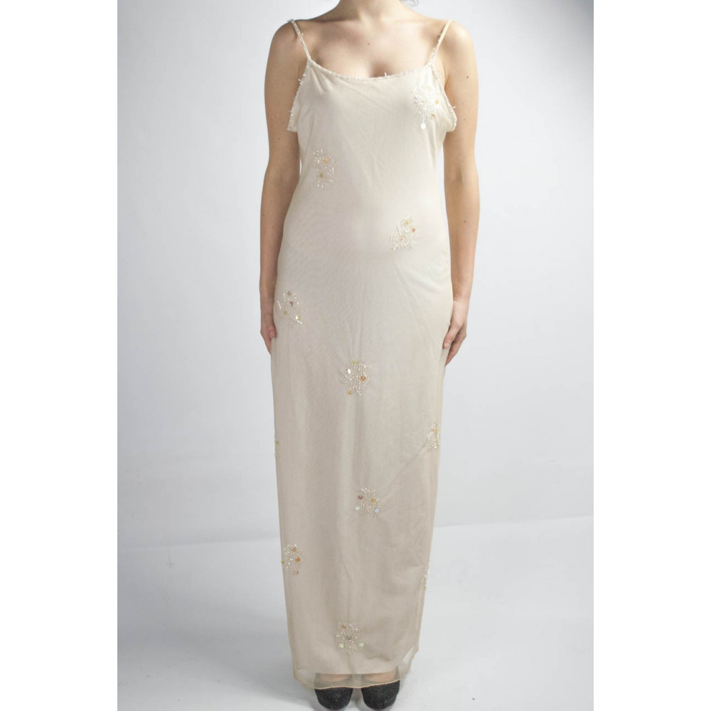 Elegante dames lange schede jurk M licht ivoor - bloemenborduurwerk en kralen