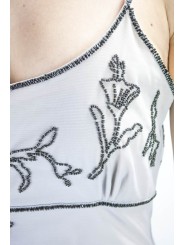 エレガントシースドレスウーマンMライトグレー-セントラルブラックビーズ刺繡