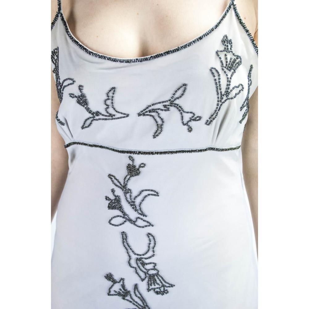 エレガントシースドレスウーマンMライトグレー-セントラルブラックビーズ刺繡