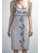 Elegant Sheath Dress Woman M Light Gray - Central Black Beads Embroidery