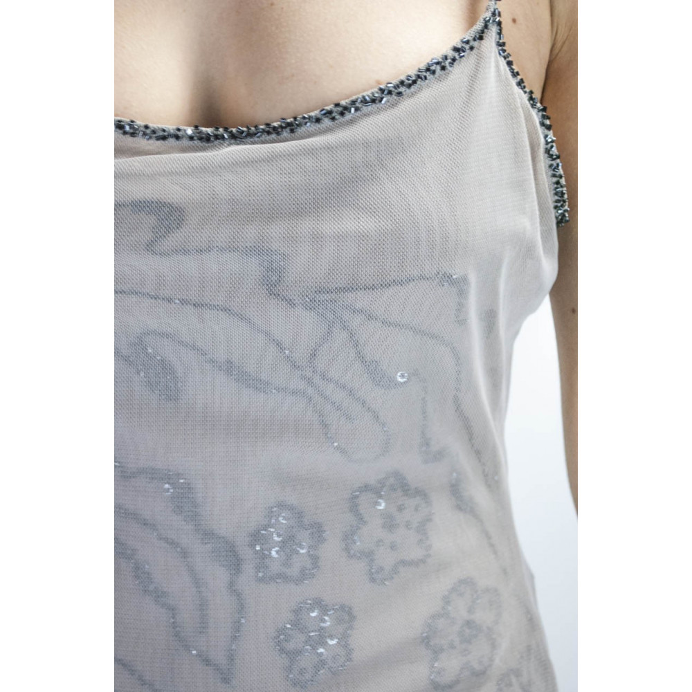 Elegant Woman Long Sheath Dress M Light Gray - Embroidery Tulle Black beads