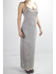 エレガントな女性ロングシースドレスMライトグレー-刺繡チュールブラックビーズ