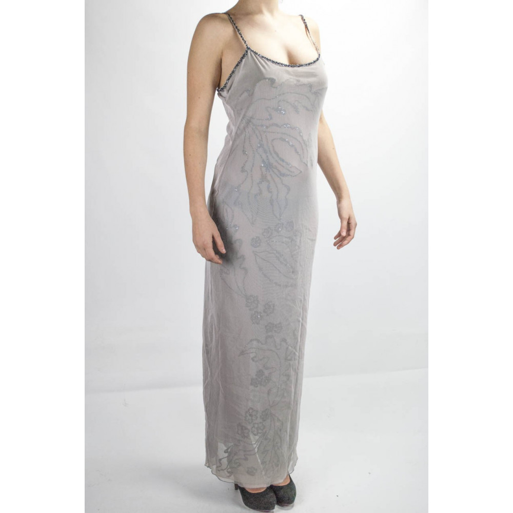 Elegant Woman Long Sheath Dress M Light Gray - Embroidery Tulle Black beads