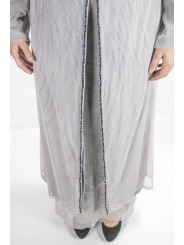女性ロングオーバーコートエレガントMライトグレー-刺繡チュールブラックビーズ
