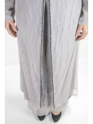 Woman Long Overcoat Elegant M Light Gray - Embroidery Tulle Black beads