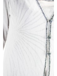 女性ロングオーバーコートエレガントMライトグレー-刺繡チュールブラックビーズ
