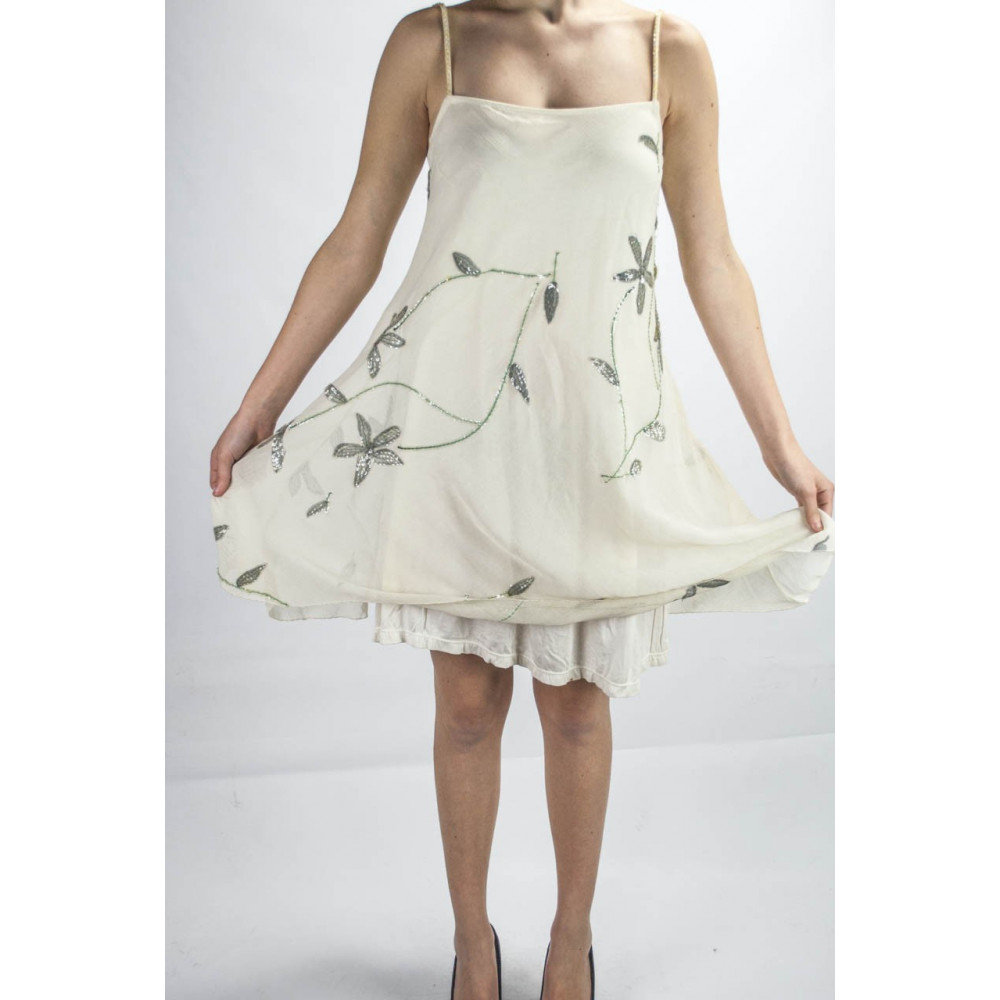 Elegant Trapeze Woman Mini Dress M Ivory - Floral Embroidery and Sequins