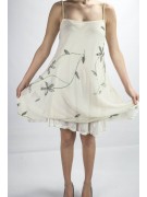 Elegante Mini Vestido Mujer Trapecio M Marfil - Bordado Floral y Lentejuelas