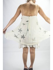 エレガントな空中ブランコの女性ミニドレスMアイボリー-花の刺繡とスパンコール