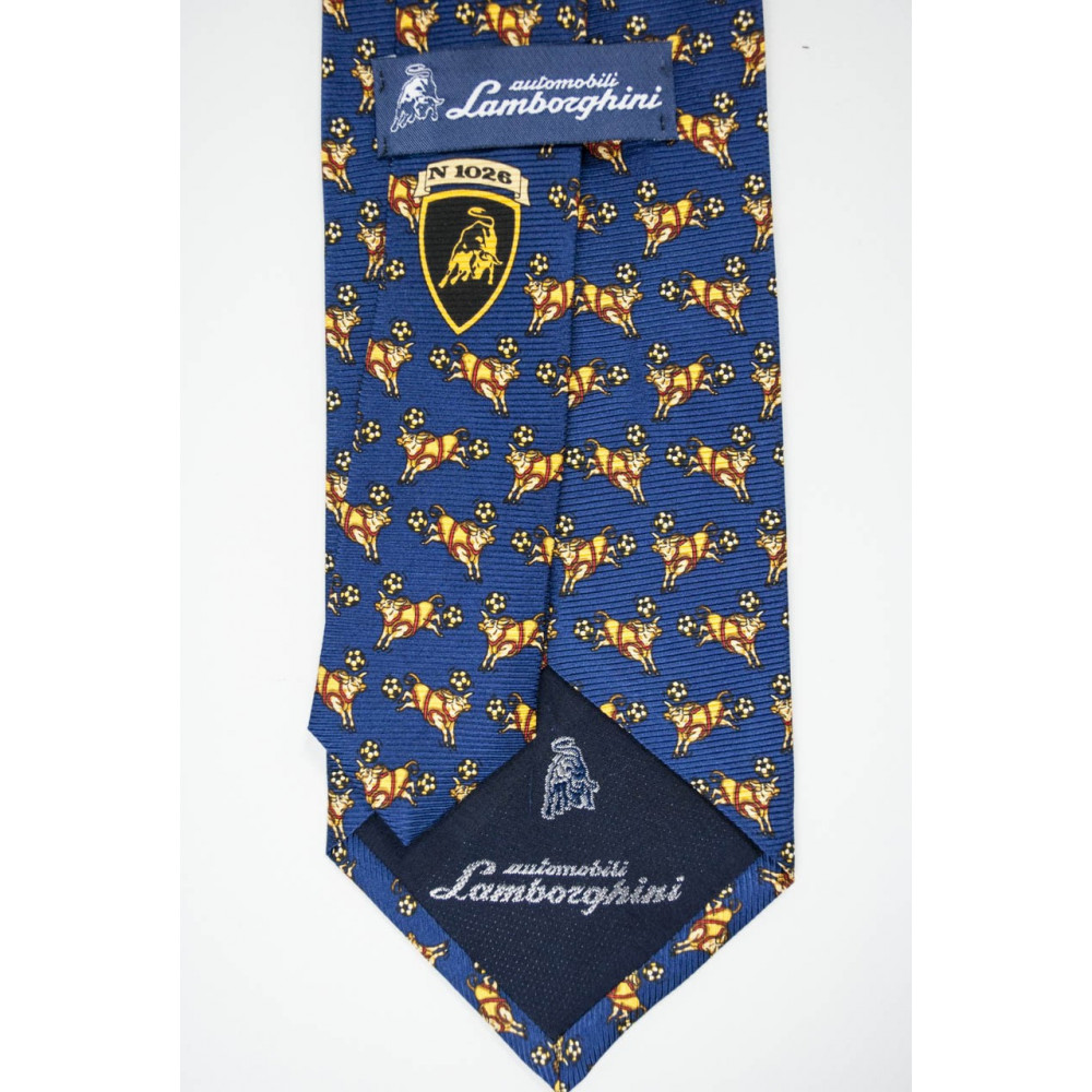 Cravatta Blu Navy Disegni Toro Lamborghini  - 1026 - 100% Pura Seta