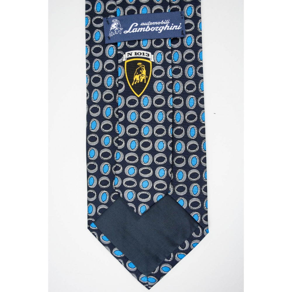 Cravatta Blu Piccoli Disegni Turchese Lamborghini  - 1013 - 100% Pura Seta